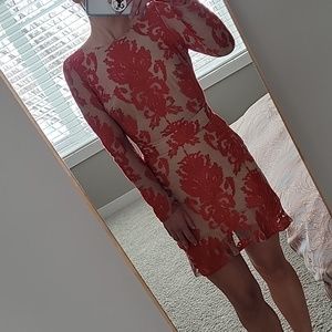 For love & lemons red lace mini dress with mesh sleeves size xs